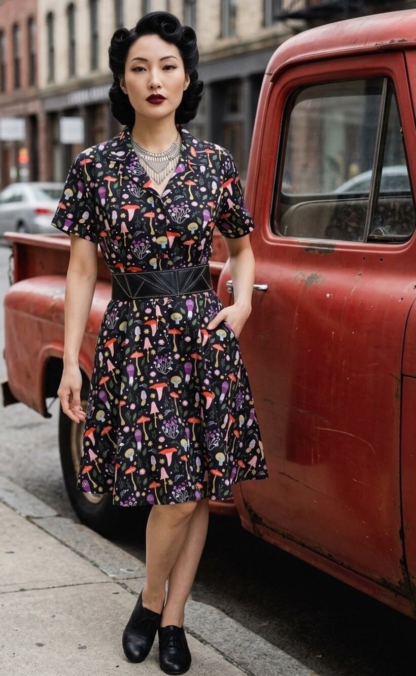 Eva Rose Mushroom Print Swing Dress | Retro Inspired | Rockabilly | Fairycore
